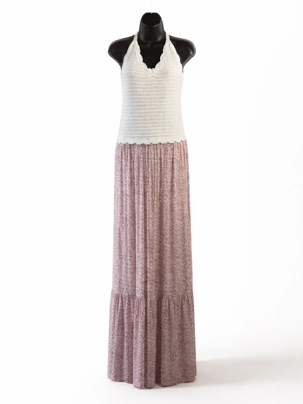 Black Tape White Crochet Halter Maxi Dress Boho Tiered Floral Skirt Size XL - Picture 2 of 8